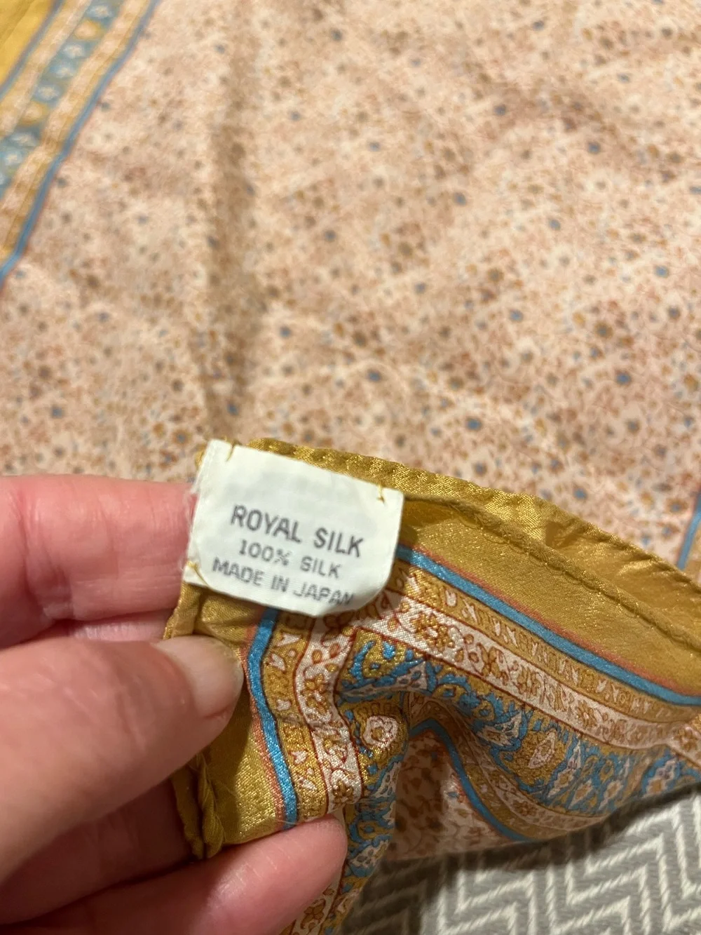 Royal Silk 100% Silk Printed Floral Scarf in Mustard and Teal. 13x56 inches. EUC
